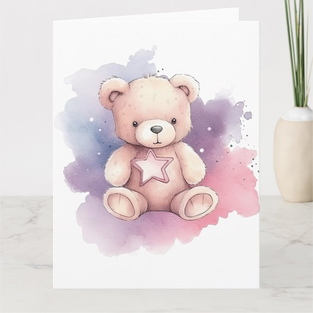 Watercolor Star Teddy Bear Card (Front)