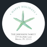 Watercolor Starfish Happy Holiday address  Classic Round Sticker<br><div class="desc">Personalised watercolor aqua starfish Happy Holiday seal / return address stickers. Perfect as your holiday envelope seal.</div>