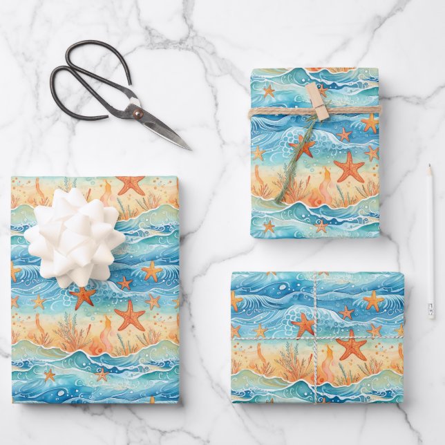 Watercolor Starfish Nautical Wrapping Paper Sheet (Front)
