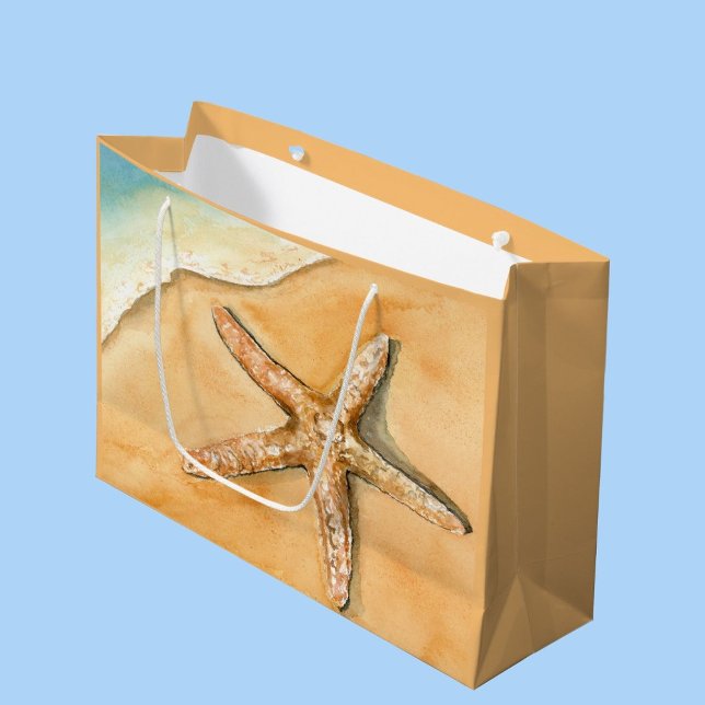 Watercolor Starfish On Beach Large Gift Bag (Ocean-inspired charm. Gift bag adorned with watercolor starfish. Perfect coastal touch.)