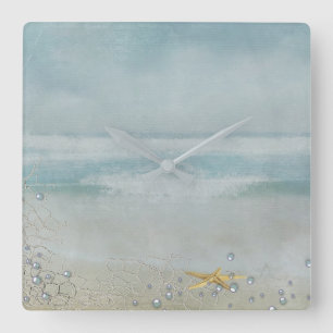 watercolor starfish on beach square wall clock