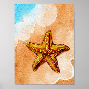 Watercolor Starfish on the Beach Poster