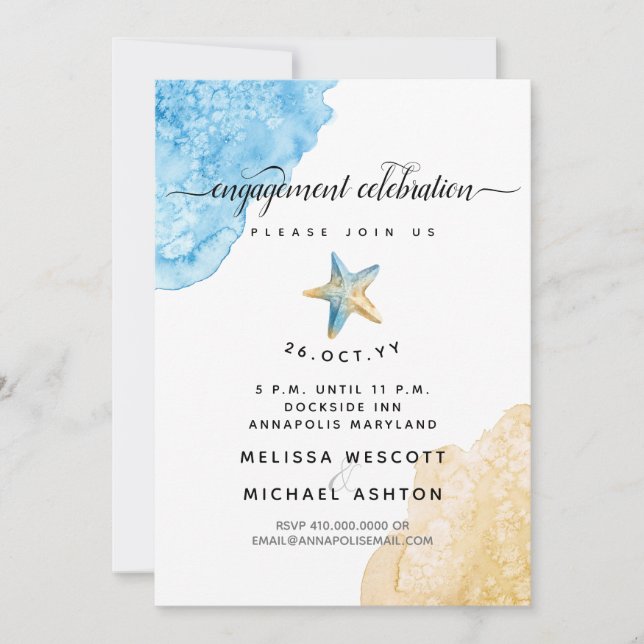 Watercolor Starfish Sea + Sand Coastal Engagement Invitation (Front)