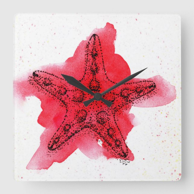 Watercolor Starfish Square Wall Clock (Front)