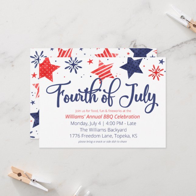 Watercolor Stars Fourth of July Party Invitation (Front/Back In Situ)