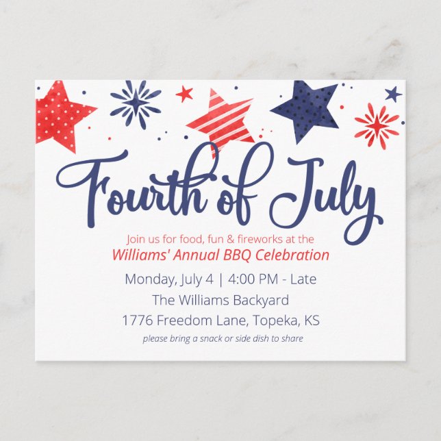 Watercolor Stars Fourth of July Party Invitation Postcard (Front)