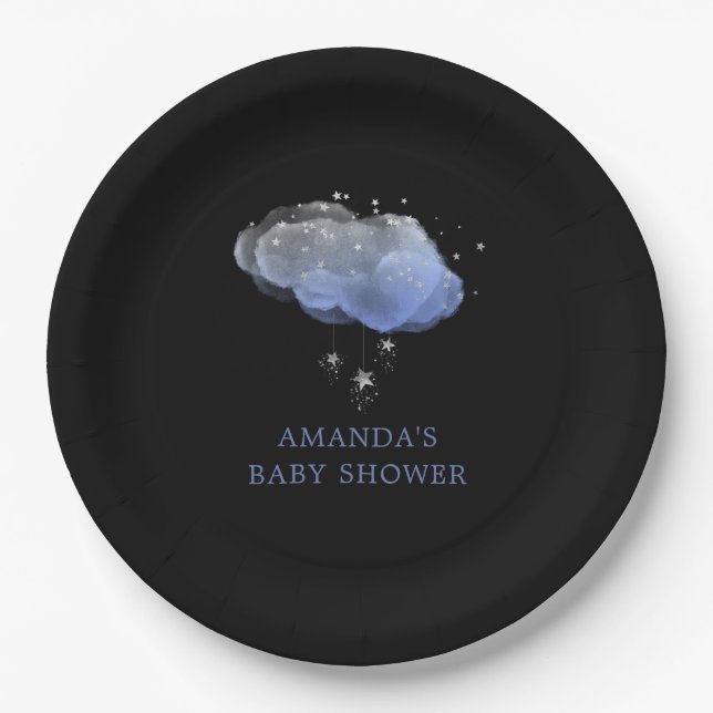 Watercolor Stars Night Sky Boy Baby Shower Paper Plate (Front)