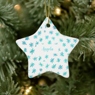 Watercolor stars with name - turquoise ceramic tree decoration