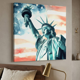 Watercolor Statue of Liberty with American flag Canvas Print