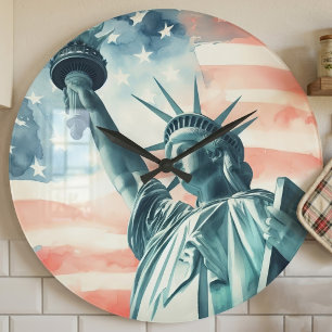 Watercolor Statue of Liberty with American flag Large Clock
