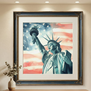 Watercolor Statue of Liberty with American flag Photo Print
