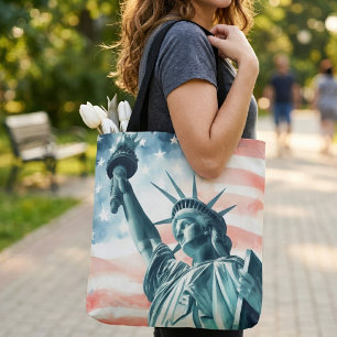 Watercolor Statue of Liberty with American flag Tote Bag