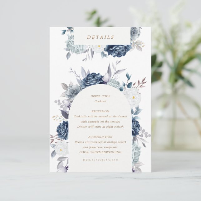 watercolor steal blue floral details enclosure card (Standing Front)