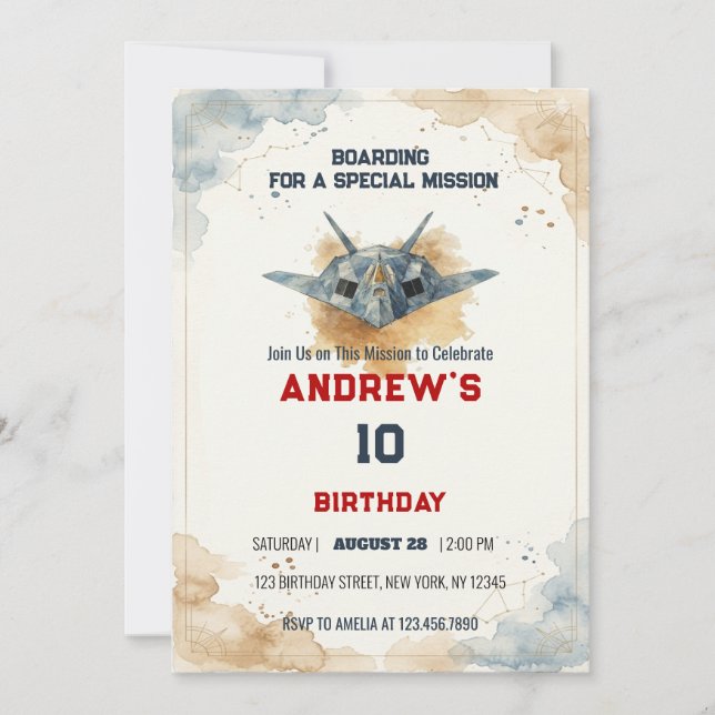 Watercolor Stealth Jet Fighter Birthday Invitation (Front)