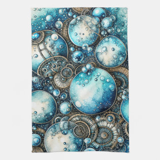 Watercolor Steampunk Bubbles & Gears Tea Towel