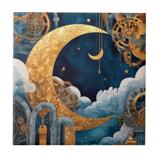 Watercolor Steampunk Moon Ceramic Tile (Front)