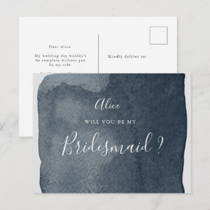 watercolor steel blue wash bridesmaid Invitation Postcard