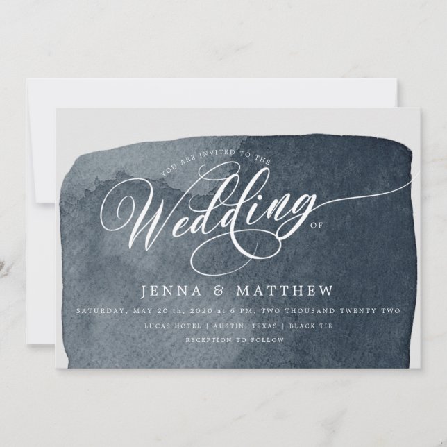 watercolor steel blue wash modern wedding invitation (Front)