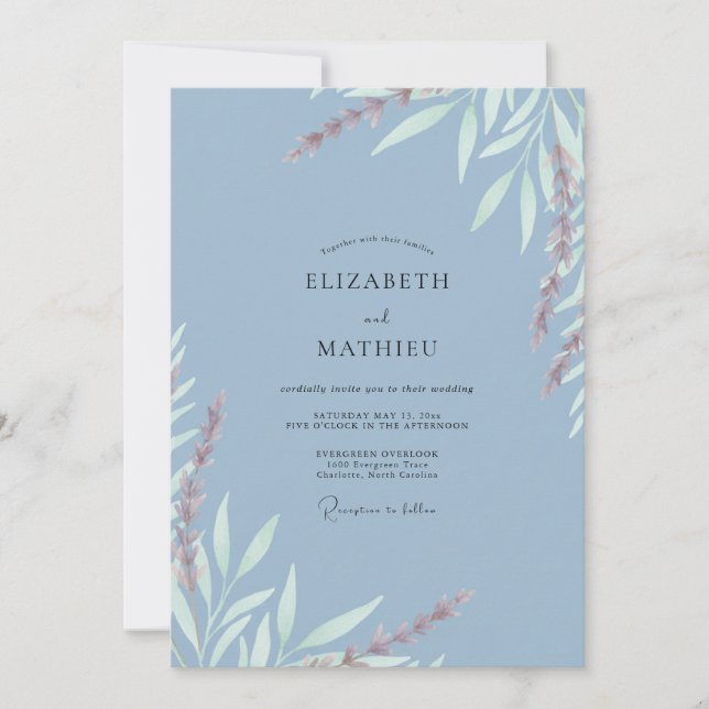 Watercolor Steel Painted Leafy Wedding Invitation (Front)
