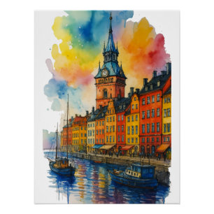Watercolor Stockholm Sweden Old Town Gamla Stan  Poster