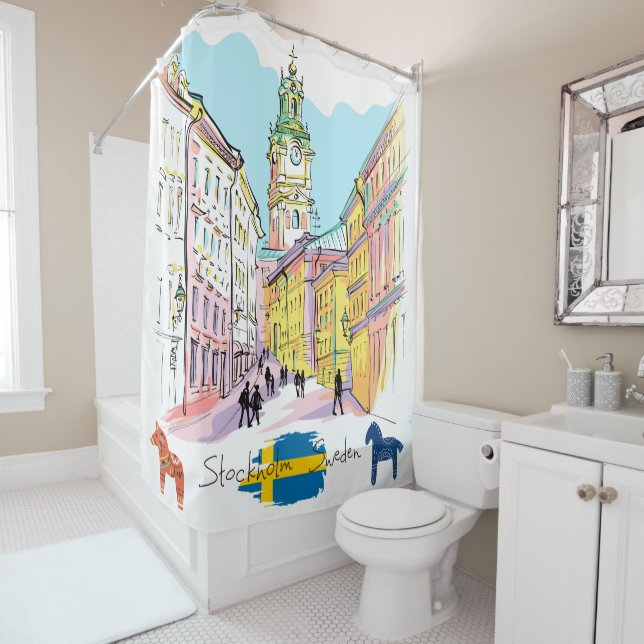Watercolor Stockholm Sweden Travelling gift White Shower Curtain (In Situ)