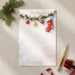 Watercolor Stocking Pine Christmas Letter Stationery