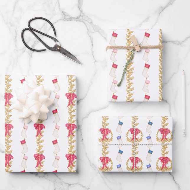 Watercolor Stockings and Garland Wrapping Paper Sheet (Front)