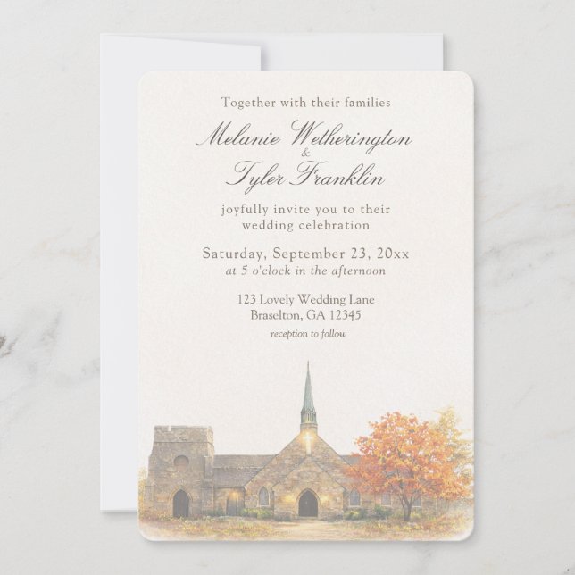 Watercolor Stone Chapel Fall Wedding Invitation (Front)