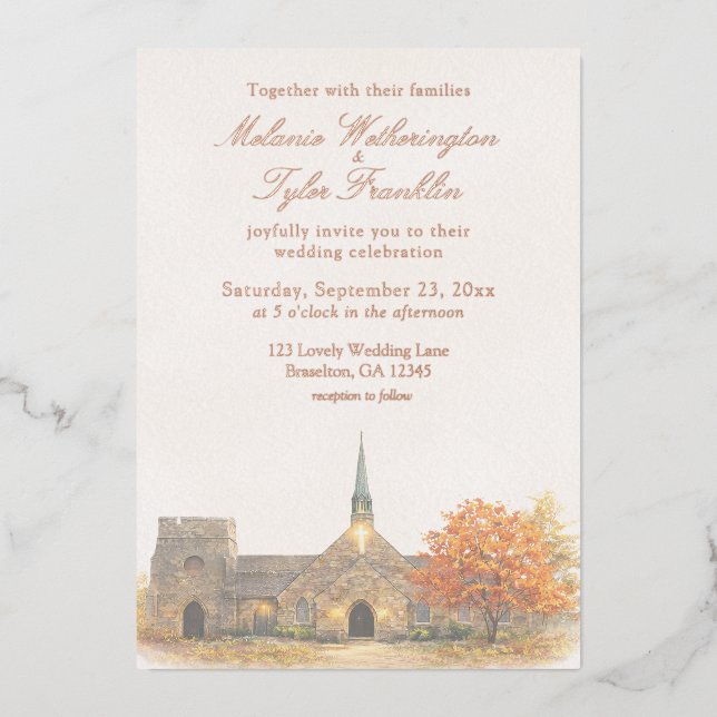 Watercolor Stone Chapel Fall Wedding Invitation (Front)