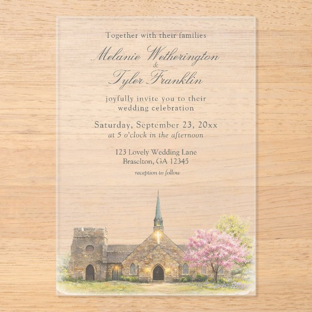 Watercolor Stone Chapel Spring Wedding Acrylic Invitations (Front)