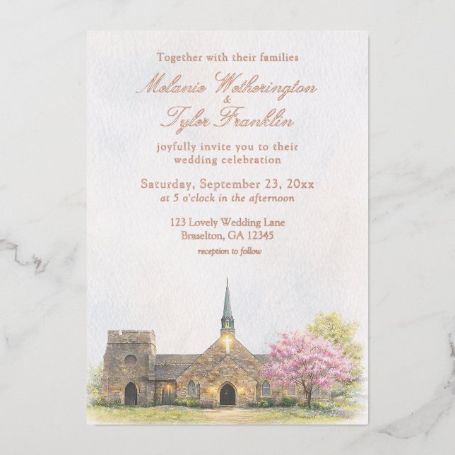 Watercolor Stone Chapel Spring Wedding Invitation (Front)