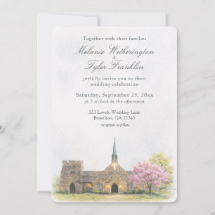 Watercolor Stone Chapel Spring Wedding Invitation