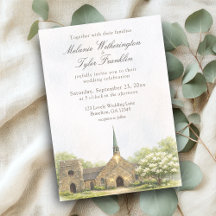 Watercolor Stone Chapel Summer Wedding Invitation