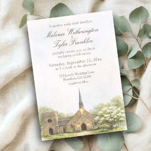 Watercolor Stone Chapel Summer Wedding Invitation