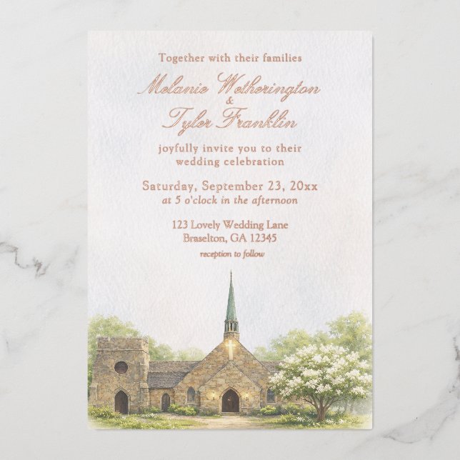 Watercolor Stone Chapel Summer Wedding Invitation (Front)