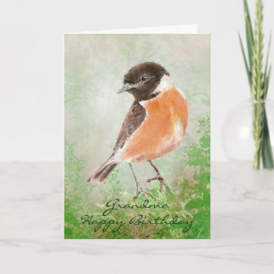 Watercolor Stonechat  Bird Happy Birthday Grandma Card