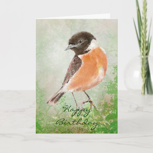 Watercolor Stonechat  Happy Birthday, Bird Card (Front)