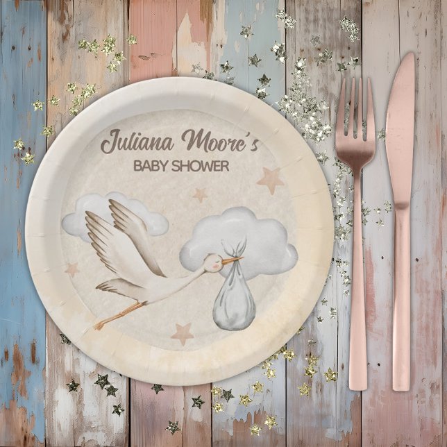 Watercolor Stork Baby Shower Paper Plate (Creator Uploaded)