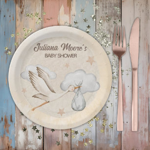 Watercolor Stork Baby Shower Paper Plate
