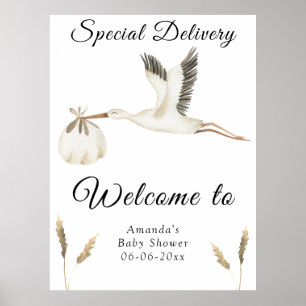 Watercolor Stork Baby Shower Welcome Poster