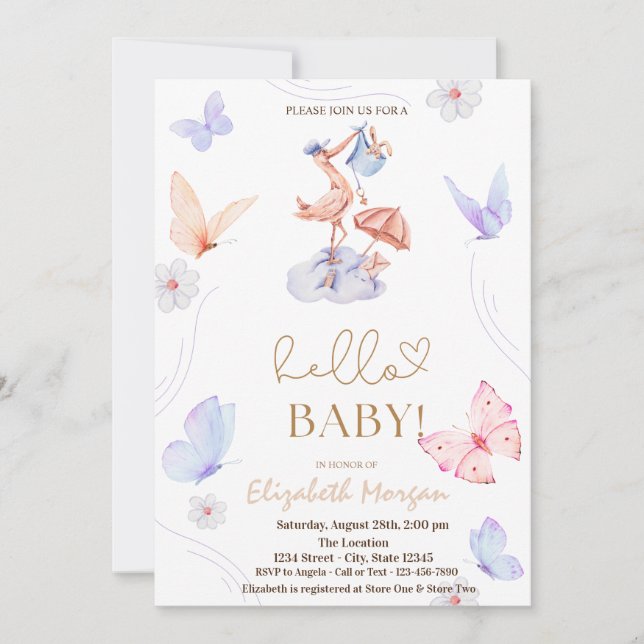 Watercolor Stork Butterfly Dots Baby Shower  Invitation (Front)