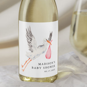 Watercolor Stork Pink Girl Baby Shower Wine Label