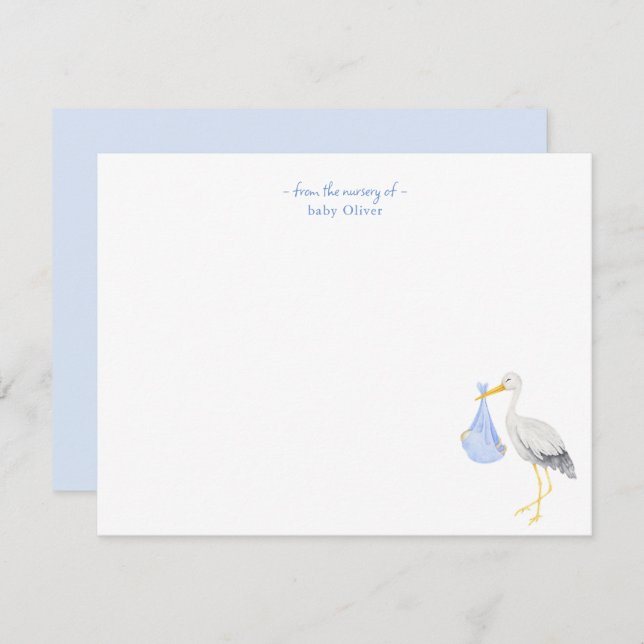 Watercolor Stork with Baby boy Thank You card (Front/Back)
