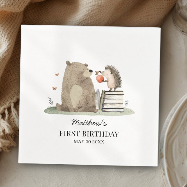 Watercolor Storybook Woodland Animals 1st Birthday Napkin (Creator Uploaded)
