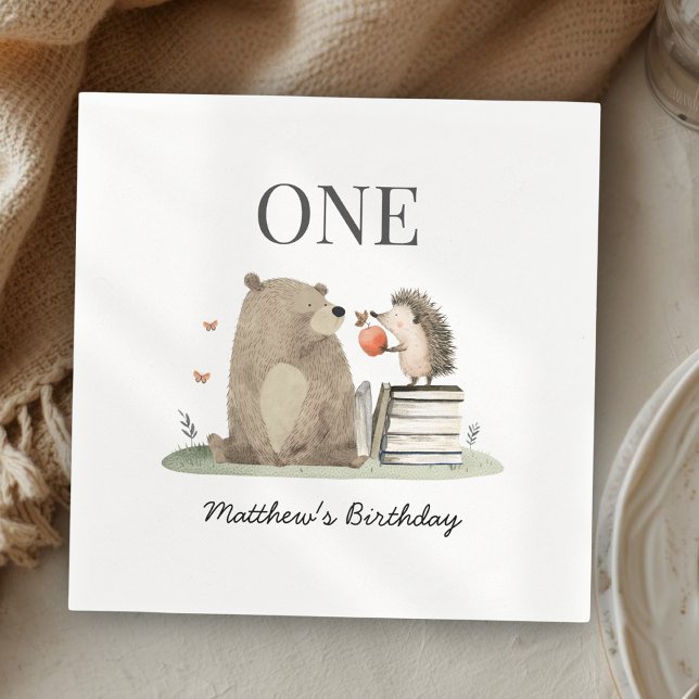 Watercolor Storybook Woodland Animals 1st Birthday Napkin (Creator Uploaded)