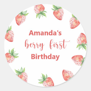 Watercolor strawberries 1st birthday party classic round sticker