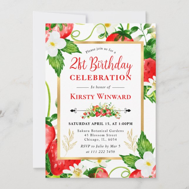 Watercolor Strawberries and Flowers 21st Birthday Invitation (Front)