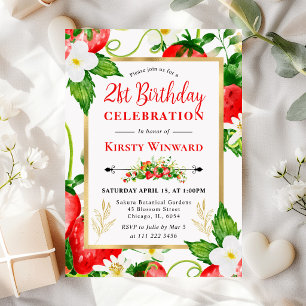 Watercolor Strawberries and Flowers 21st Birthday Invitation
