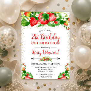 Watercolor Strawberries and Flowers 21st birthday Invitation