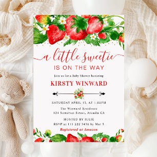 Watercolor Strawberries and Flowers Baby Shower Invitation